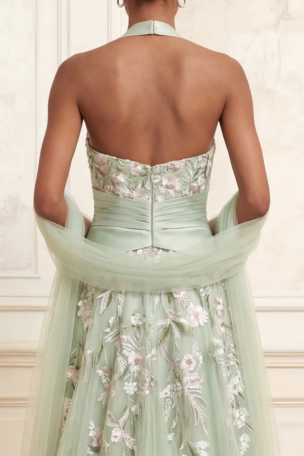 Halter Neck Floral Embroidered A-Line Gown with Satin Waist Sash, Side Slit and Detachable Tulle Wrap Prom Dress