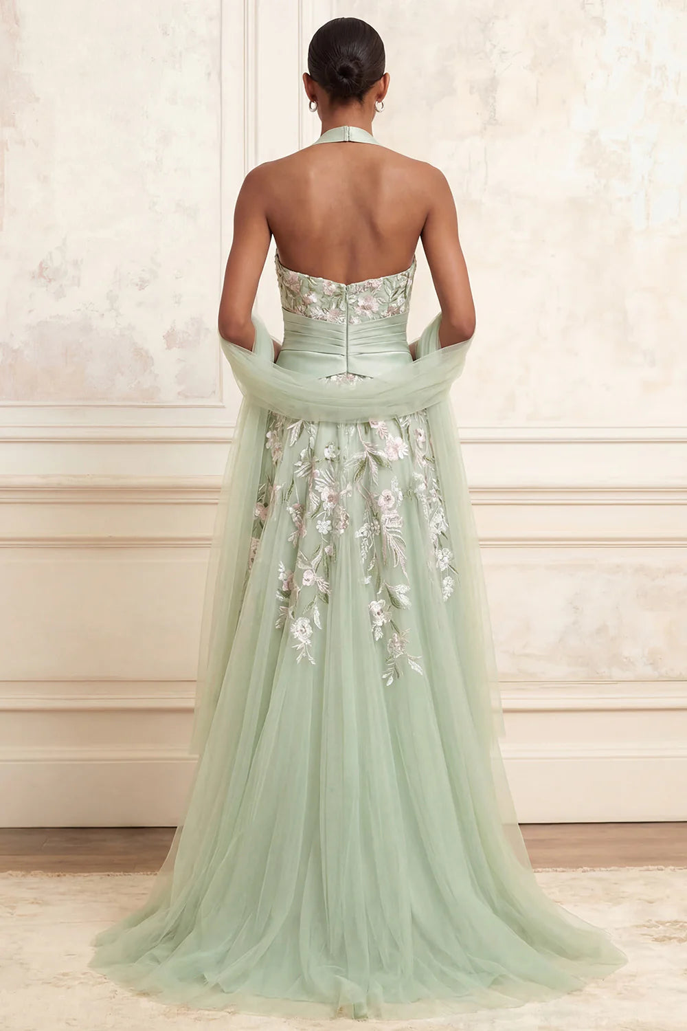 Halter Neck Floral Embroidered A-Line Gown with Satin Waist Sash, Side Slit and Detachable Tulle Wrap Prom Dress