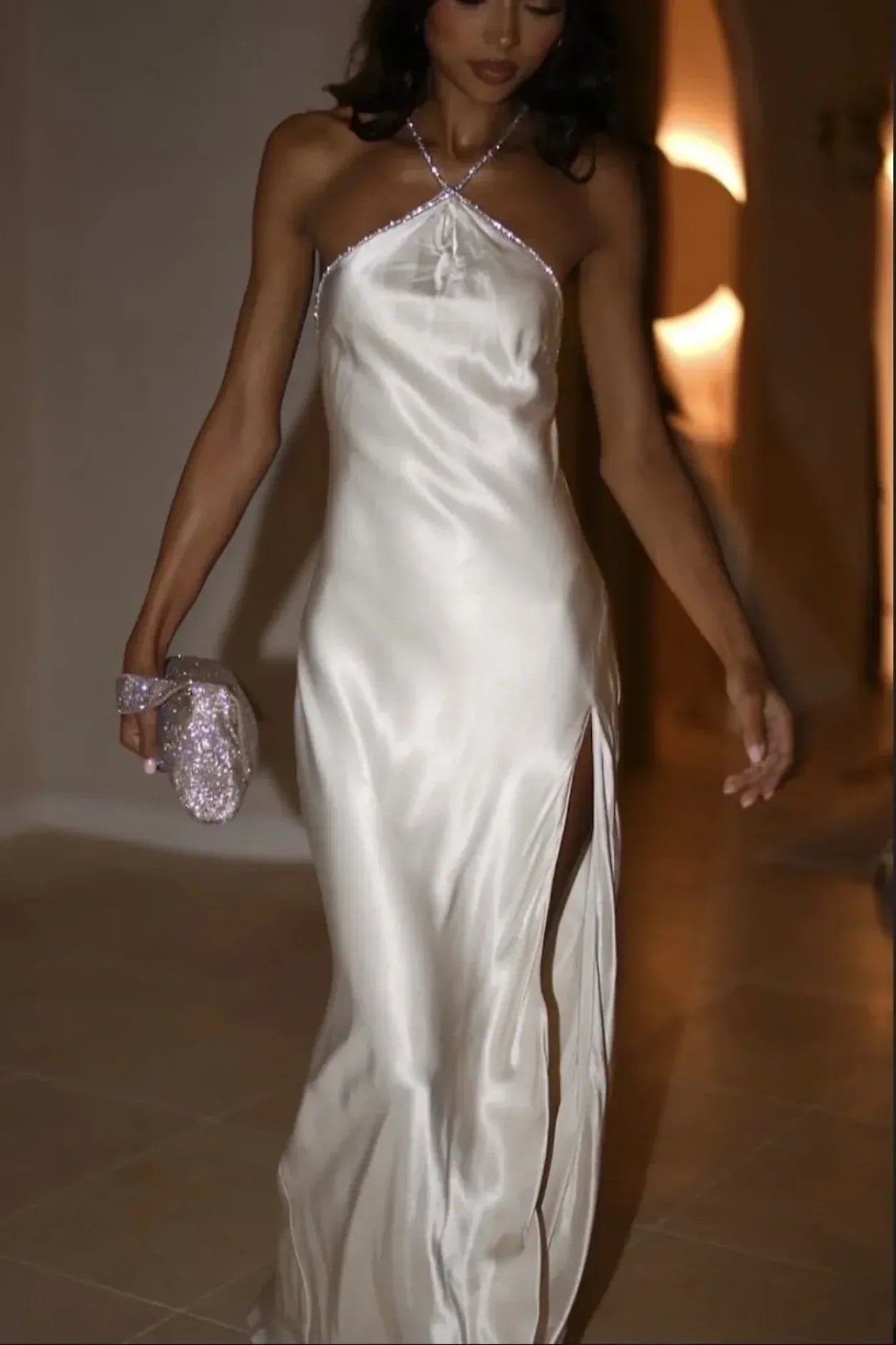 Halter Neck Rhinestone Strap Open Back Tie Satin High Slit Maxi Evening Dresses