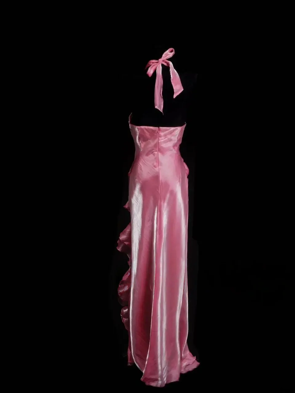 Halter Neck Ruched Satin Mermaid Evening Dress with Cascading Ruffle Slit and Back Tie Closure