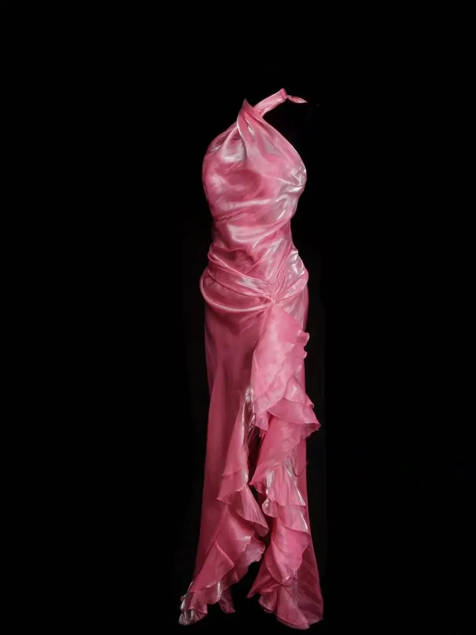 Halter Neck Ruched Satin Mermaid Evening Dress with Cascading Ruffle Slit and Back Tie Closure