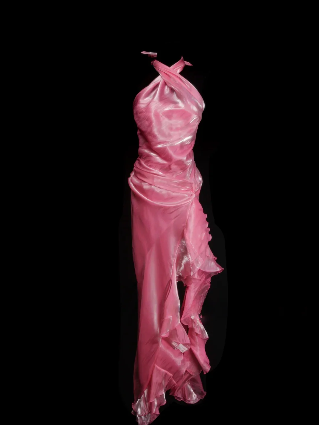 Halter Neck Ruched Satin Mermaid Evening Dress with Cascading Ruffle Slit and Back Tie Closure