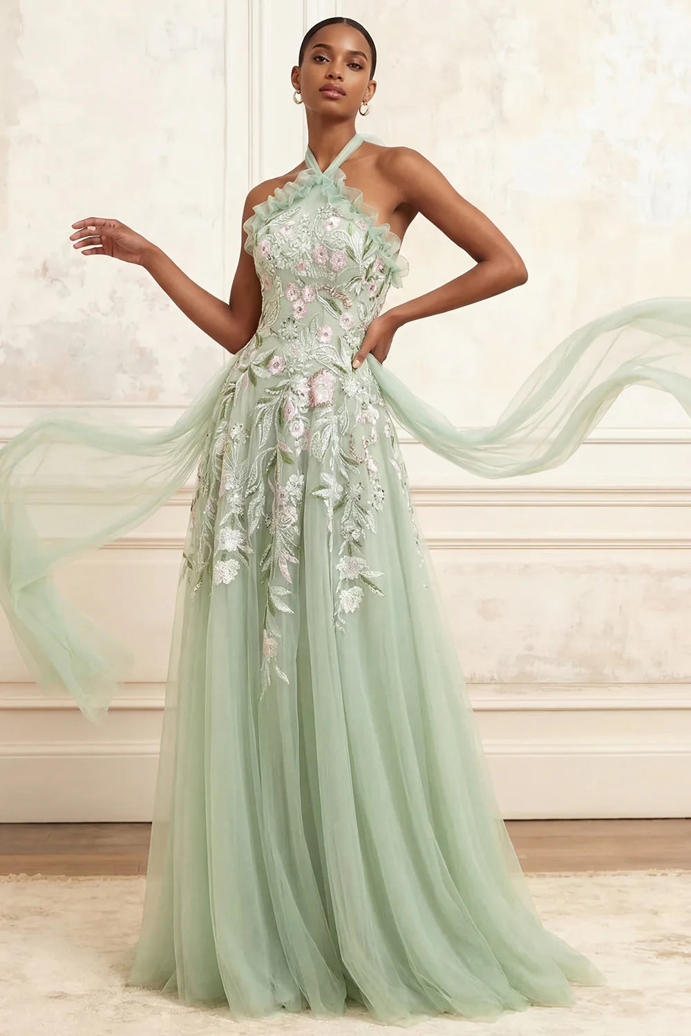 Halter Neck Ruffle Trim Floral Embroidered A-Line Gown with Flowing Tulle Sashes and Open Back Prom Dress