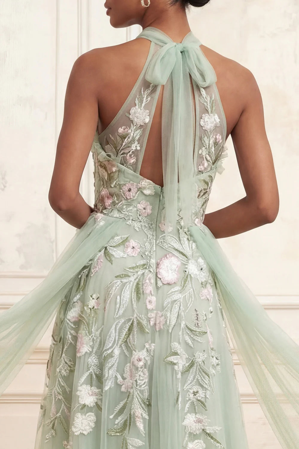 Halter Neck Ruffle Trim Floral Embroidered A-Line Gown with Flowing Tulle Sashes and Open Back Prom Dress