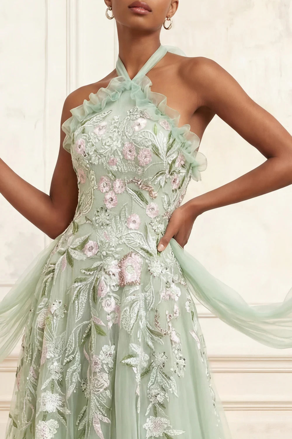 Halter Neck Ruffle Trim Floral Embroidered A-Line Gown with Flowing Tulle Sashes and Open Back Prom Dress