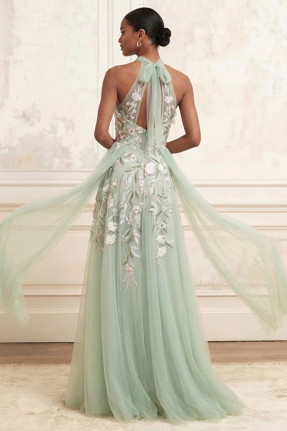 Halter Neck Ruffle Trim Floral Embroidered A-Line Gown with Flowing Tulle Sashes and Open Back Prom Dress