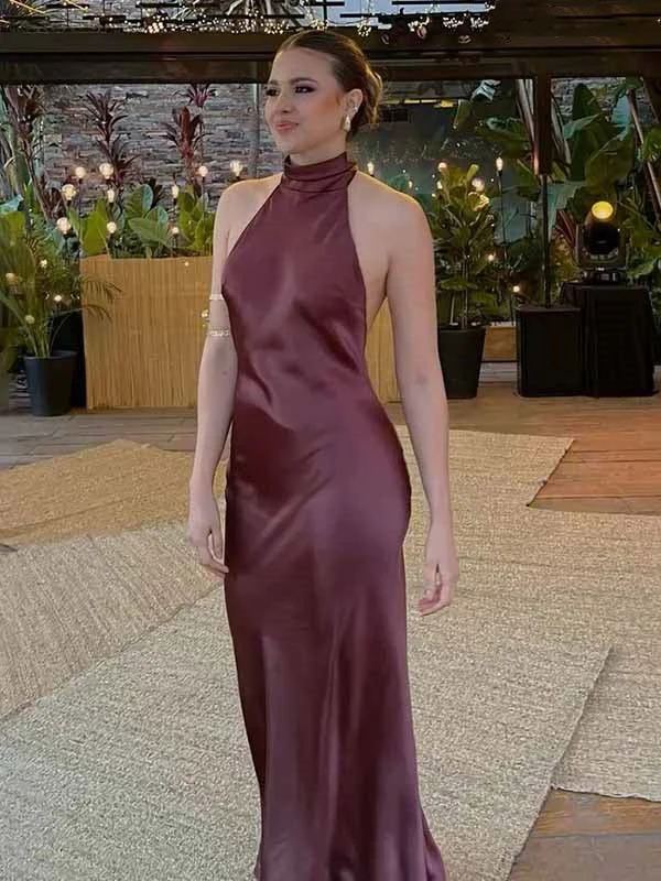 Halter Neck Satin Mermaid Evening Dress with Deep V Back and Trailing Skirt