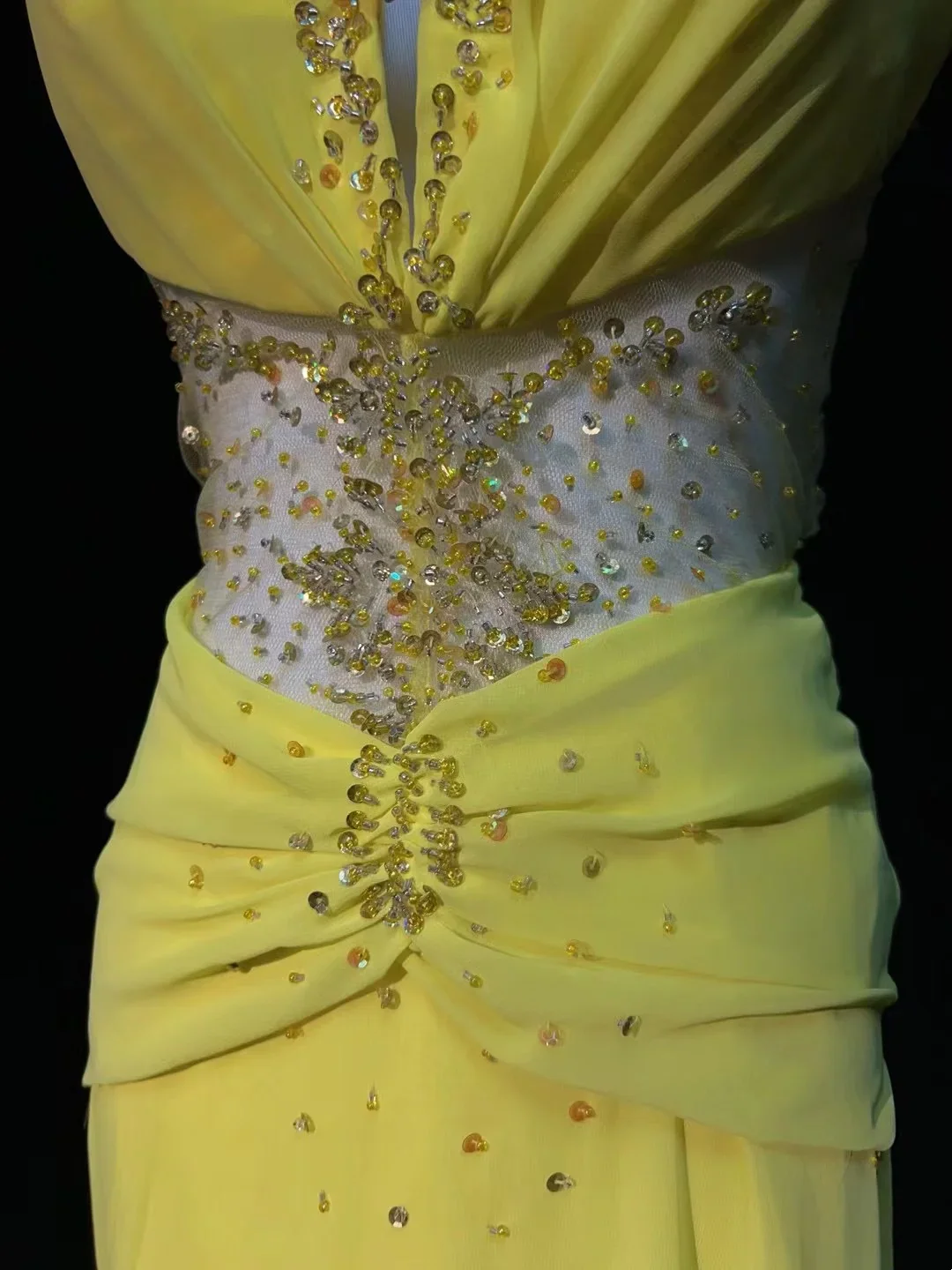 Halter Neck V Neck Beaded Lace Appliqué Sheer Open Back Ruched Waist Chiffon Maxi Evening Dresses