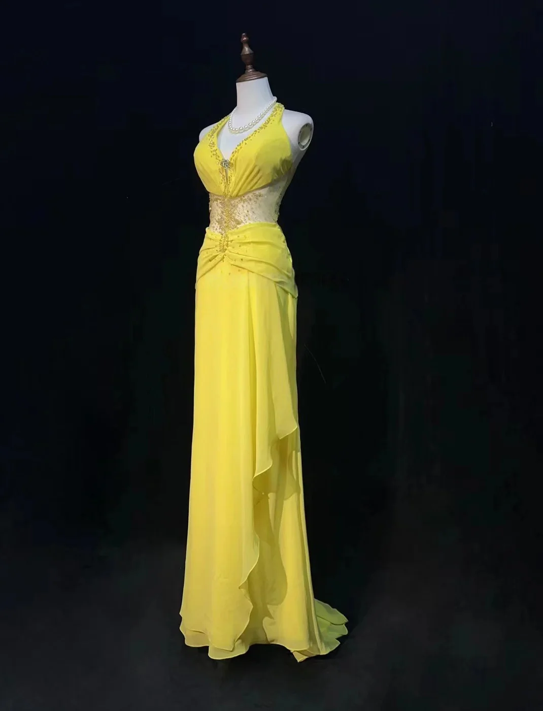 Halter Neck V Neck Beaded Lace Appliqué Sheer Open Back Ruched Waist Chiffon Maxi Evening Dresses