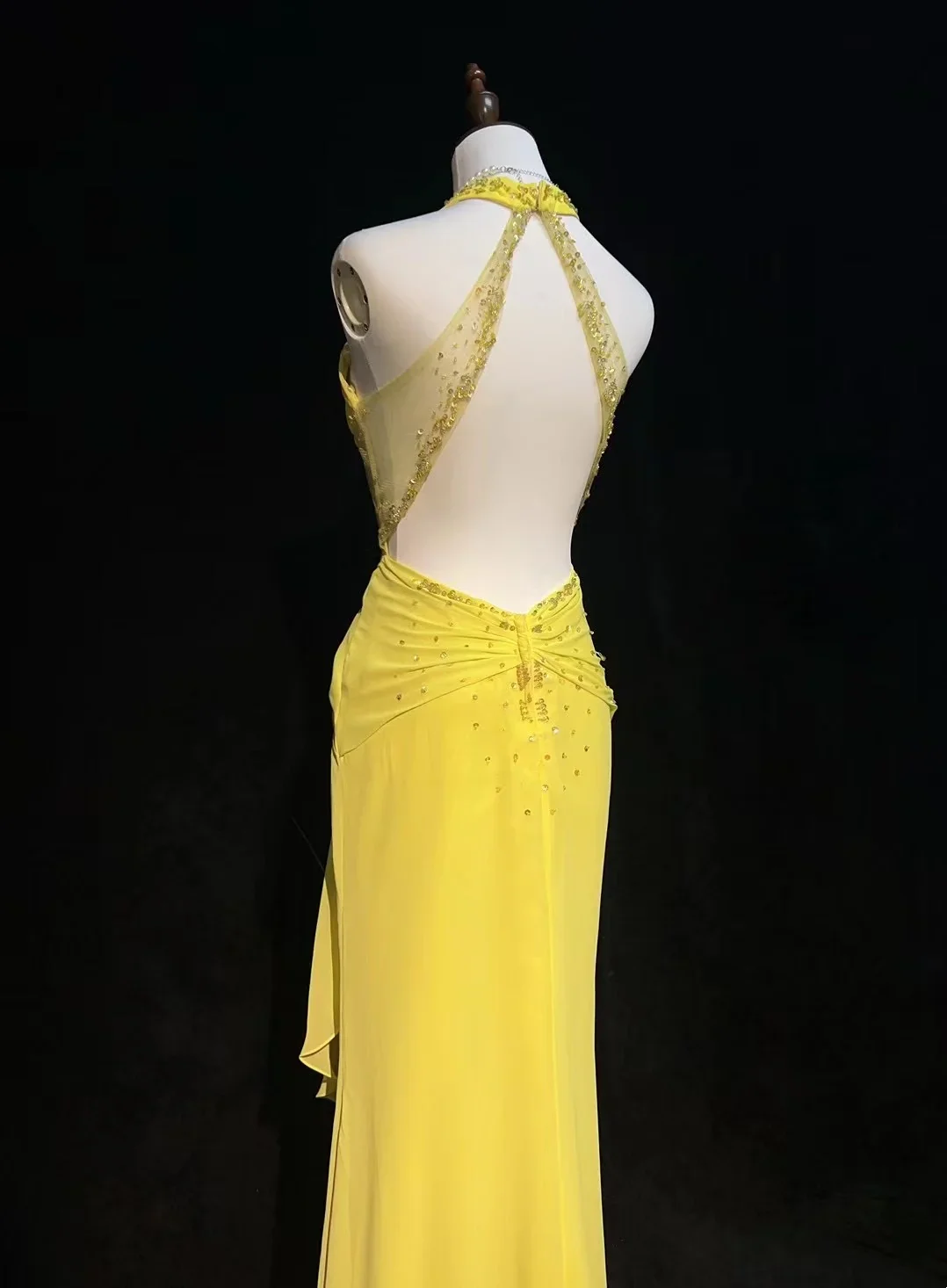 Halter Neck V Neck Beaded Lace Appliqué Sheer Open Back Ruched Waist Chiffon Maxi Evening Dresses