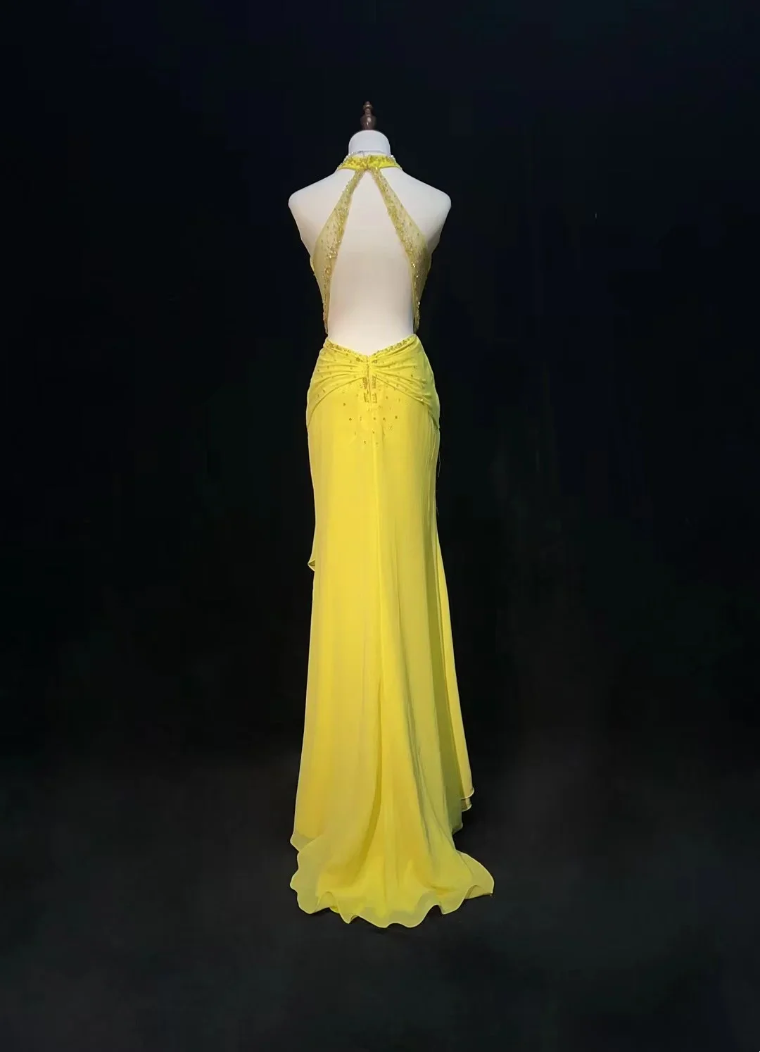 Halter Neck V Neck Beaded Lace Appliqué Sheer Open Back Ruched Waist Chiffon Maxi Evening Dresses