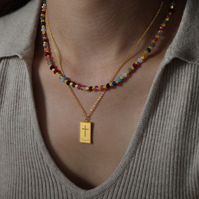 Three-piece titanium steel necklace set with multi-color tourmaline beads.