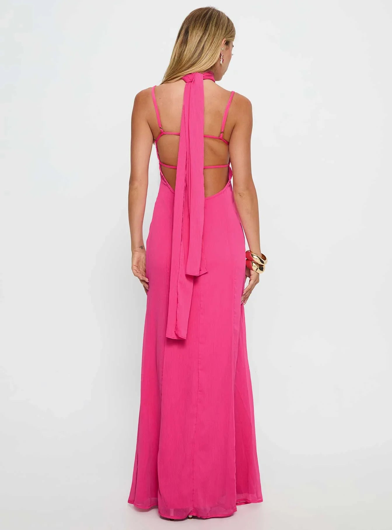 Hot Pink Spaghetti Strap Prom Dress with Choker Neck and Open Back for Formal Events and Prom Nights