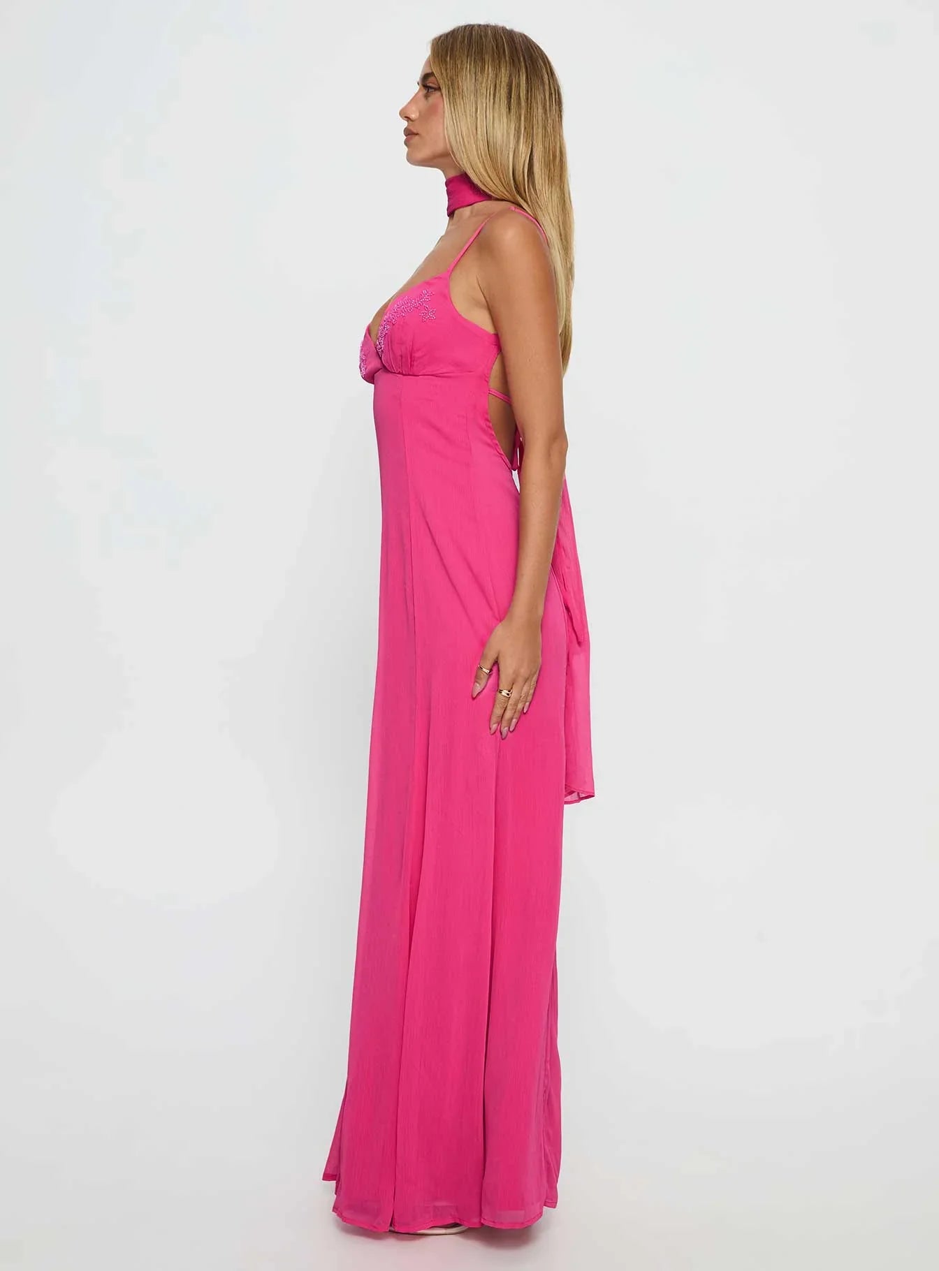 Hot Pink Spaghetti Strap Prom Dress with Choker Neck and Open Back for Formal Events and Prom Nights