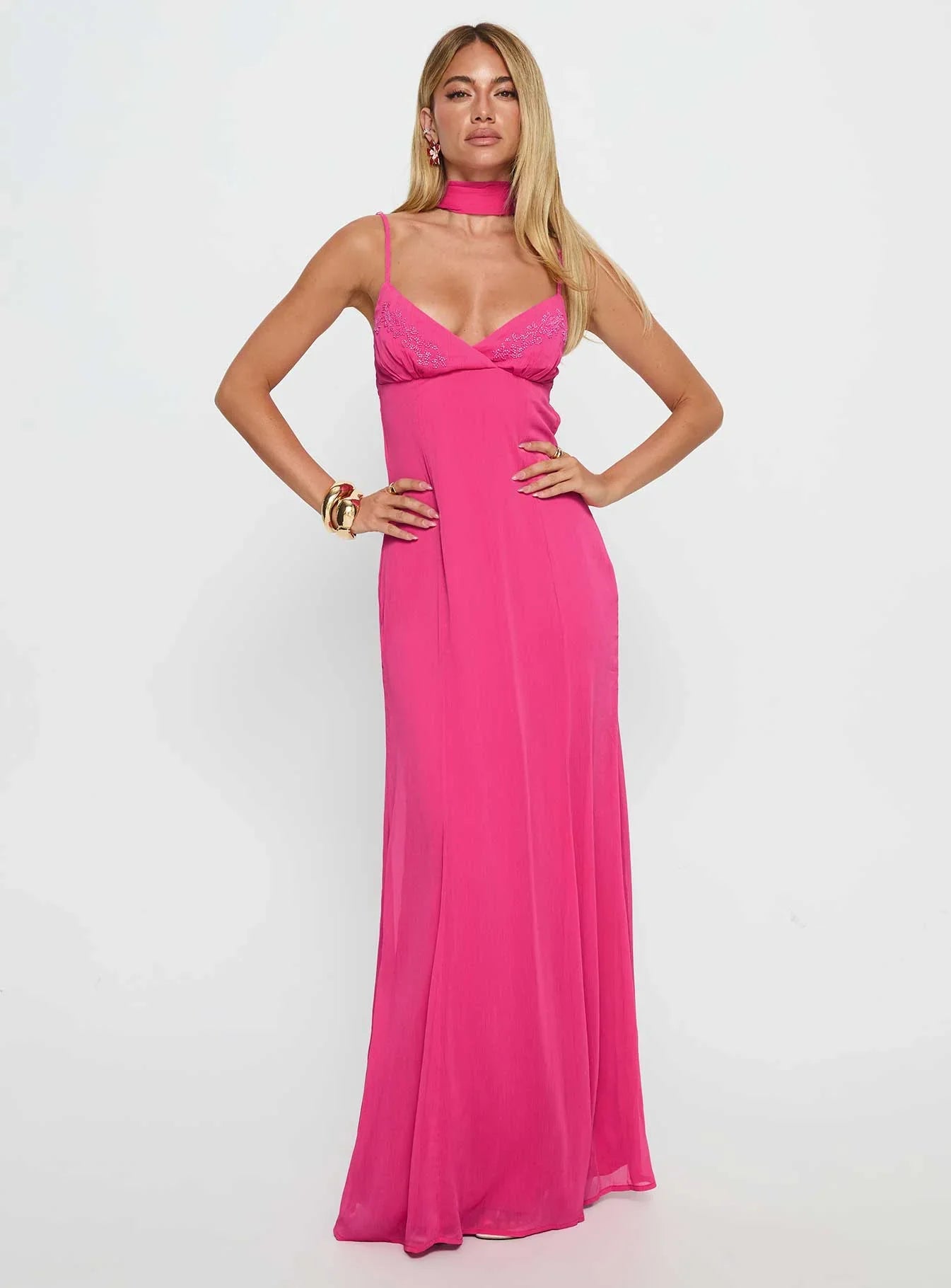 Hot Pink Spaghetti Strap Prom Dress with Choker Neck and Open Back for Formal Events and Prom Nights
