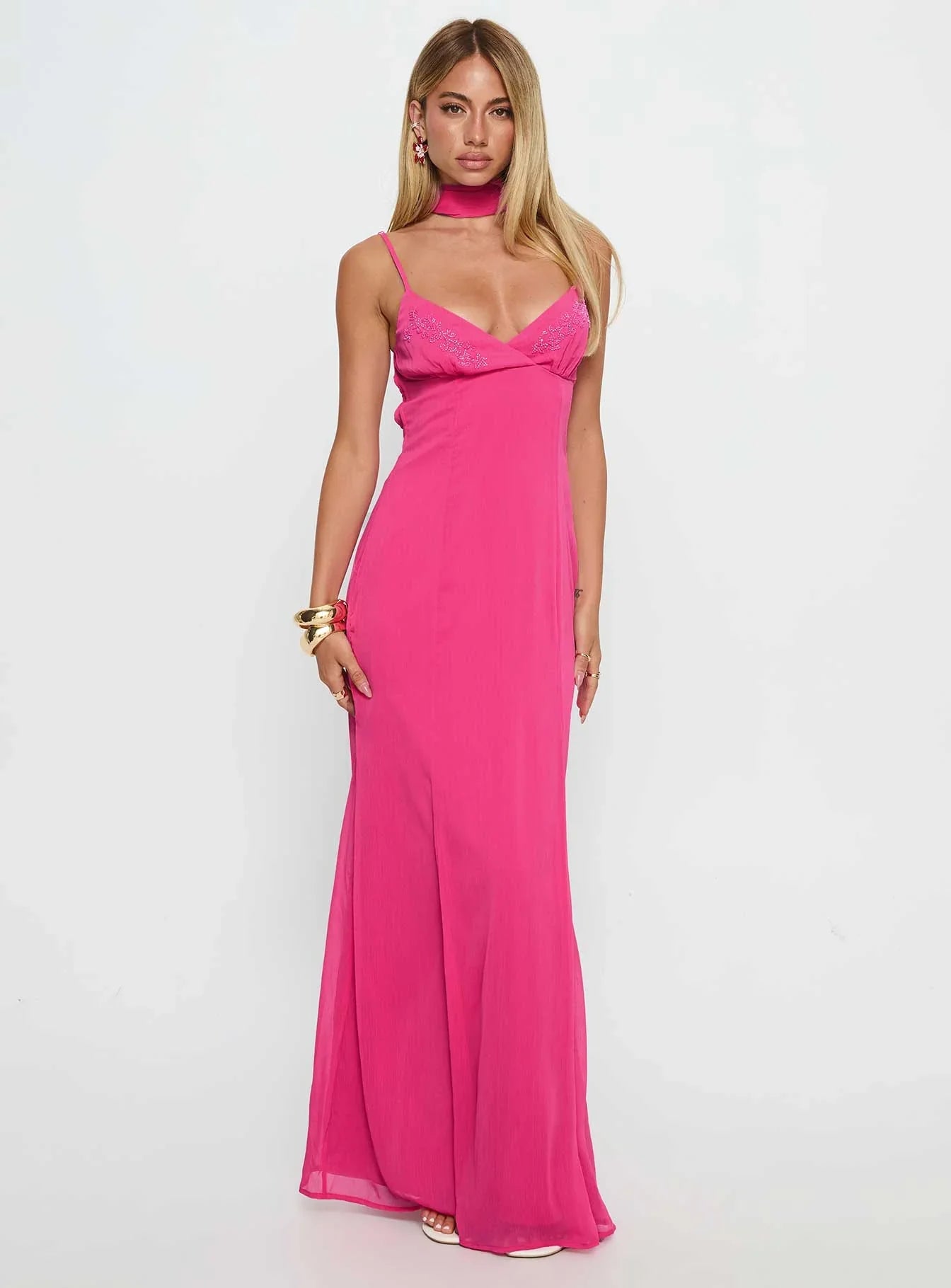 Hot Pink Spaghetti Strap Prom Dress with Choker Neck and Open Back for Formal Events and Prom Nights