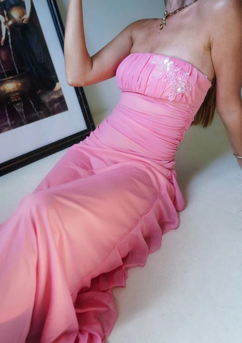 Hot Pink Strapless Floral Applique Ruched Ruffled Chiffon Maxi Evening Dress