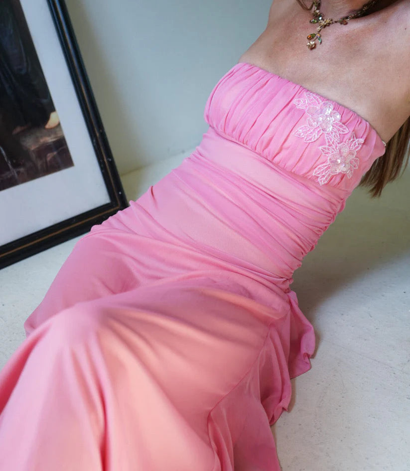 Hot Pink Strapless Floral Applique Ruched Ruffled Chiffon Maxi Evening Dress