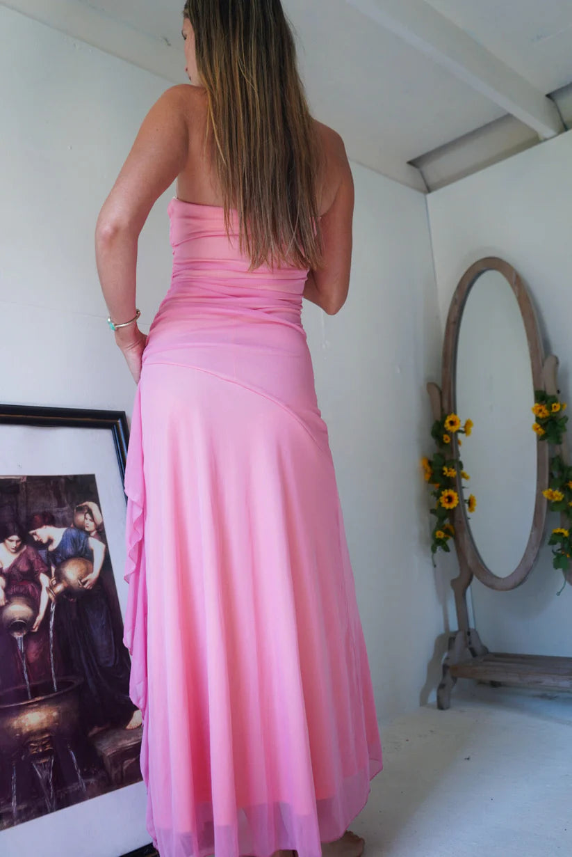 Hot Pink Strapless Floral Applique Ruched Ruffled Chiffon Maxi Evening Dress