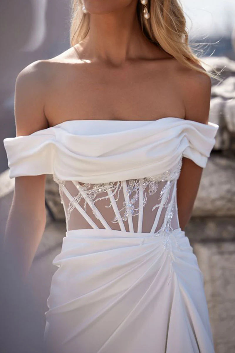 Mermaid Boho Strapless Satin Short Sleeves Wedding Dress