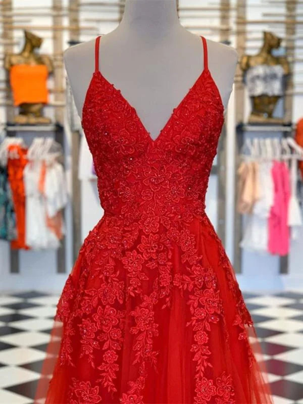 A Line V Neck Lace Long Prom Dresses
