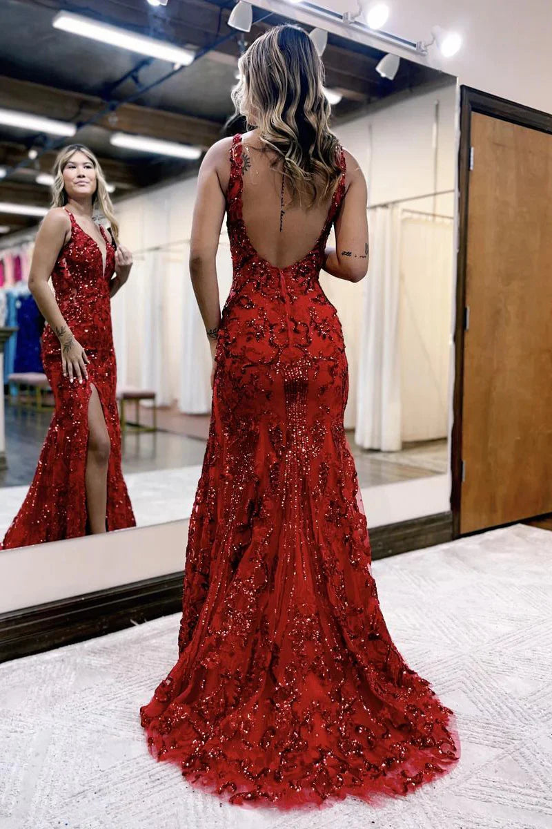 Mermaid V Neck Sequins Lace Prom Dress with Slit