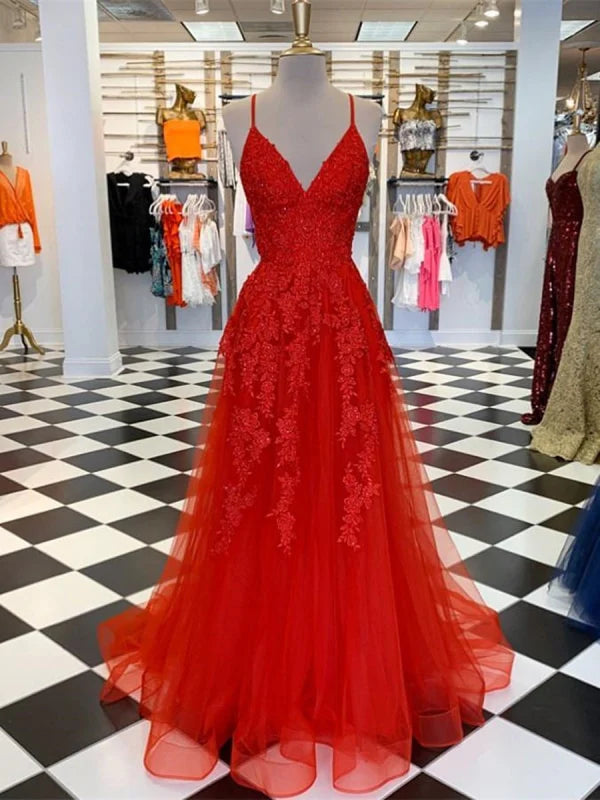 A Line V Neck Lace Long Prom Dresses