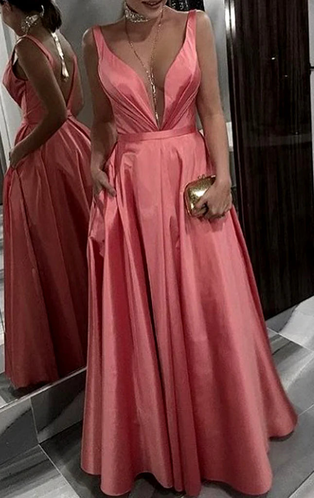 A-Line Deep V Neck Long Prom Dress