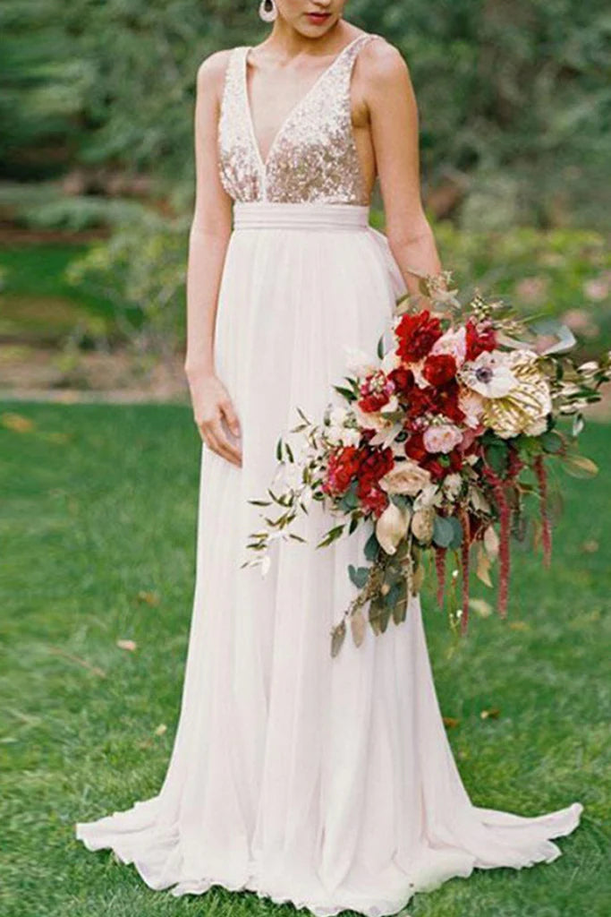 Träger V-Ausschnitt Pailletten Chiffon Langes Ballkleid