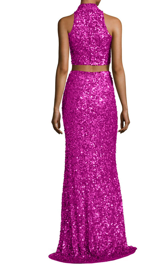 Mermaid Two Piece Sequin Long Prom Dress Evening Formal Gown