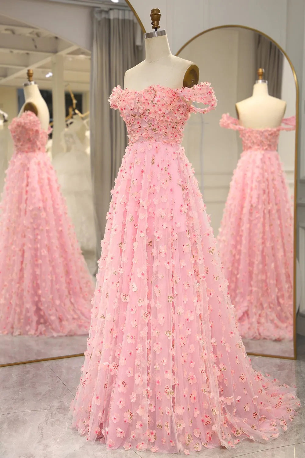A-line 3D Flowers Off The Shoulder Long Prom Dress