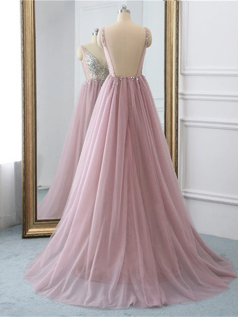 A-line V Neck Backless Beaded Tulle Long Prom Dress Evening Dress With Slit