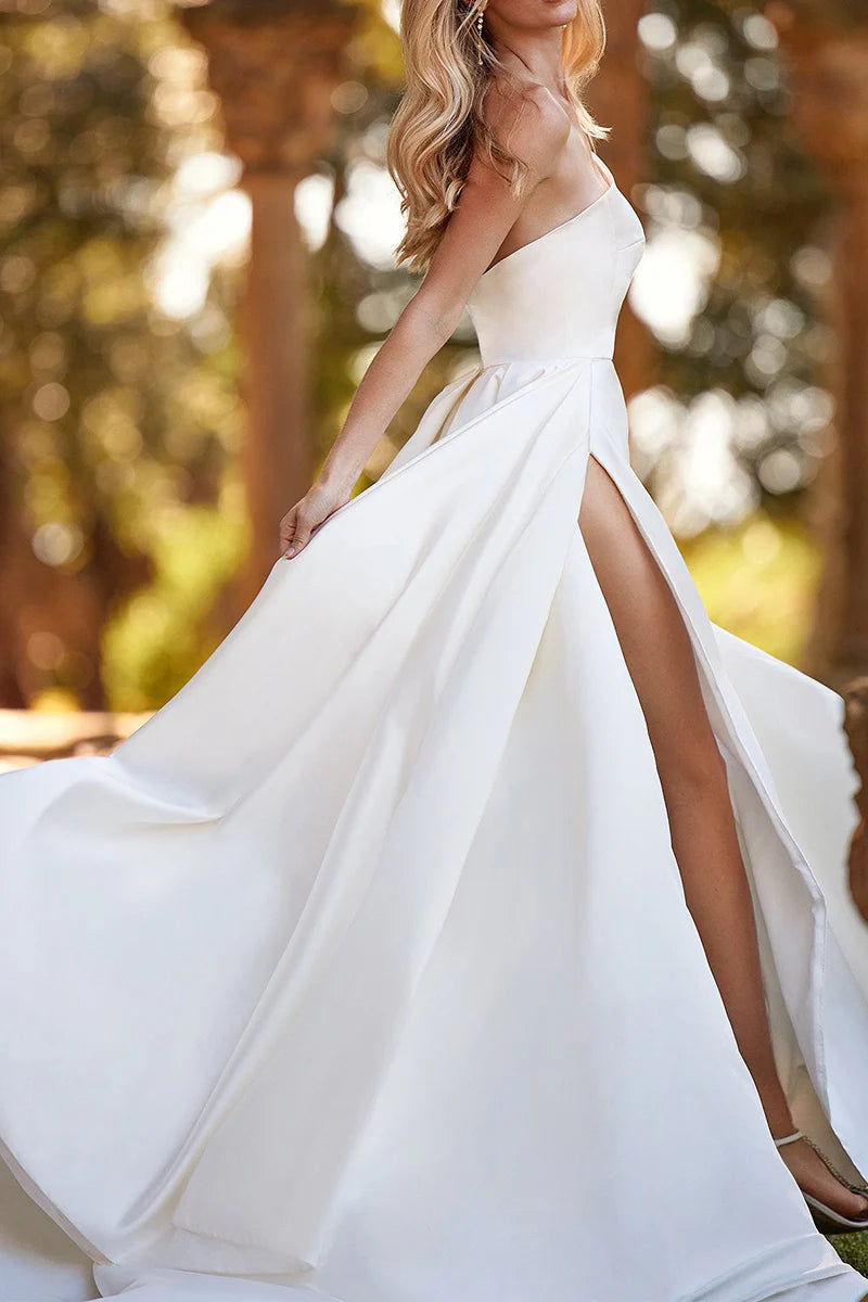 A-Line Simple One Shoulder Side Slit Satin Wedding Dress