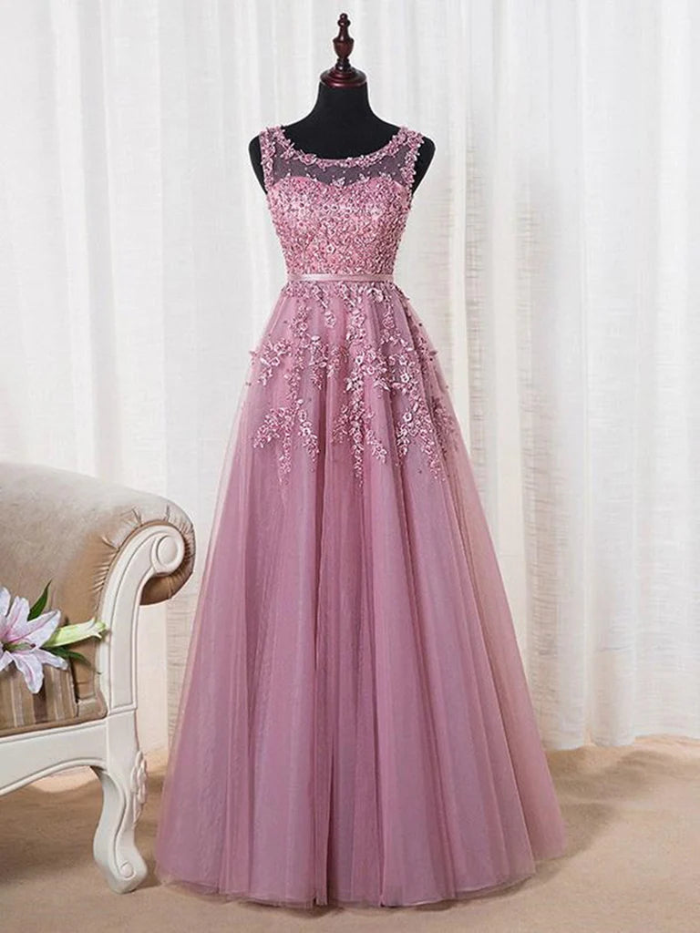 A-line Round Neck Applique Beaded Tulle Long Prom Dresses Evening Dresses