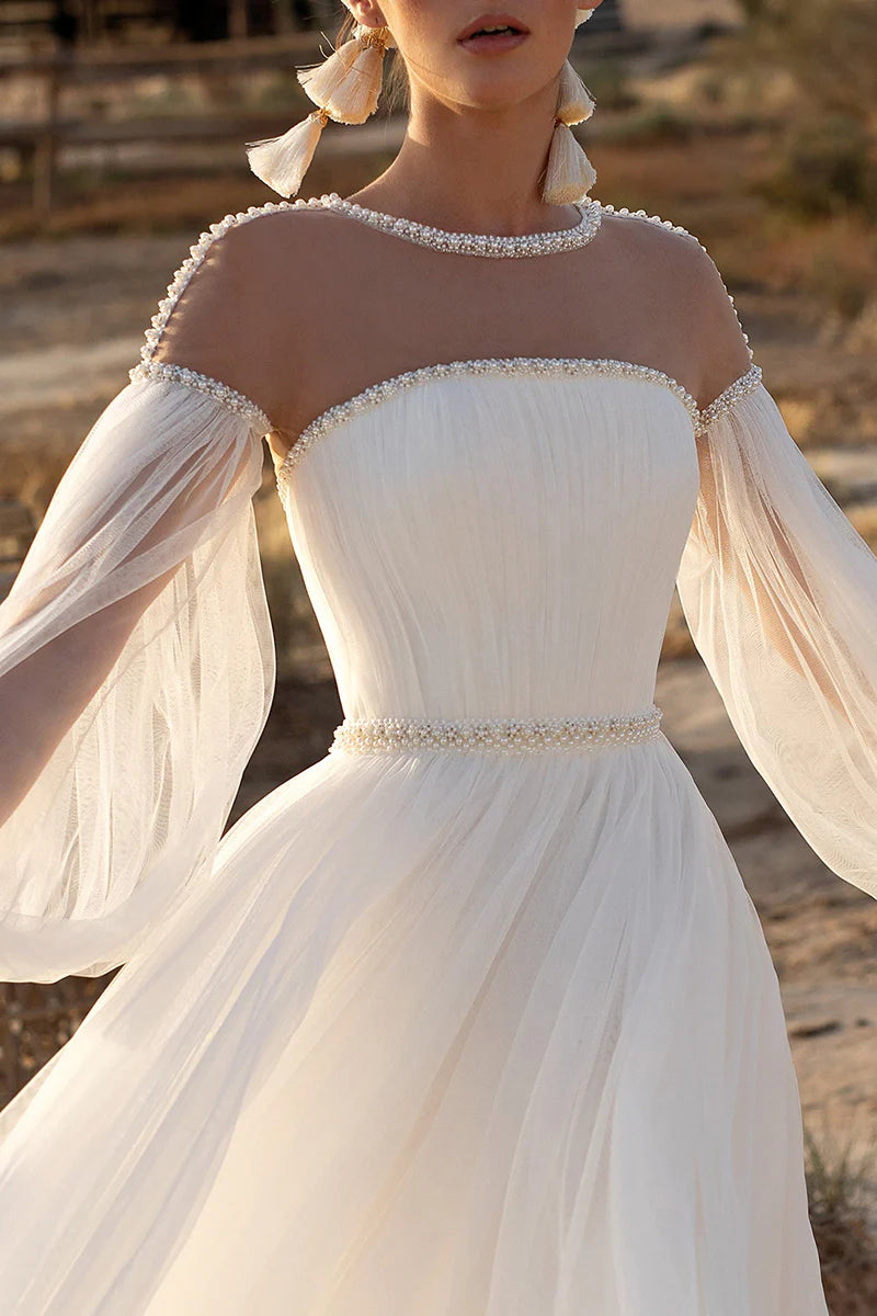 A Line Boho Neckline Pearls Long Sleeves Wedding Dress