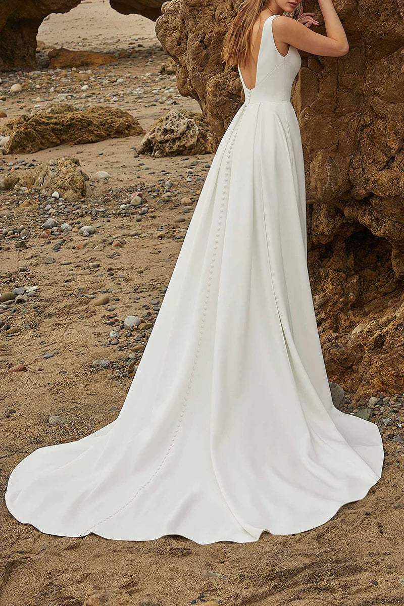 A Line Simple Sexy V Neck Satin Wedding Dress with Slit