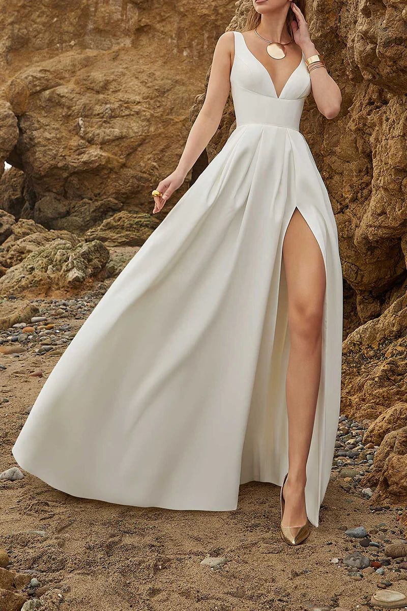 A Line Simple Sexy V Neck Satin Wedding Dress with Slit
