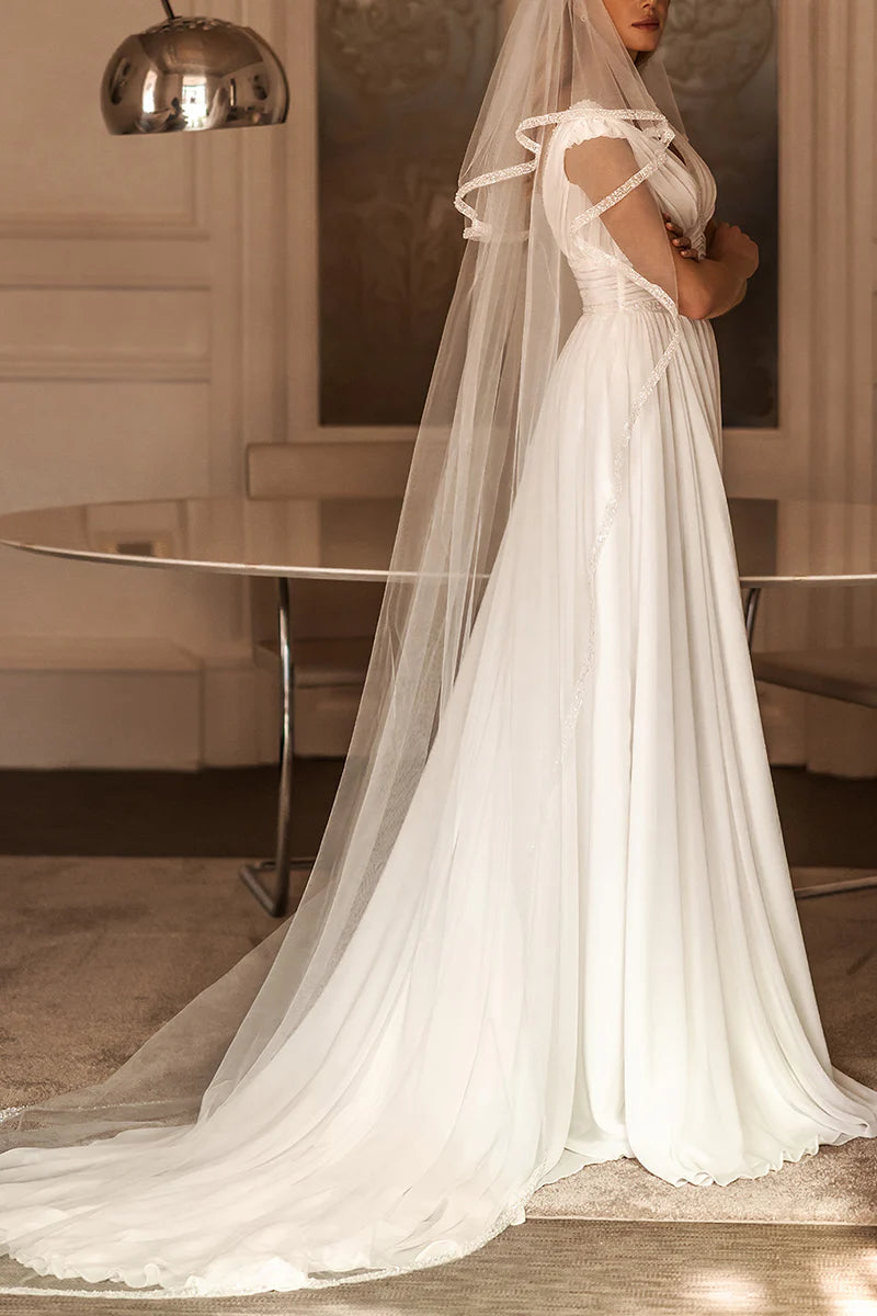 A line V neck Bead Beach Wedding Dress with Slit