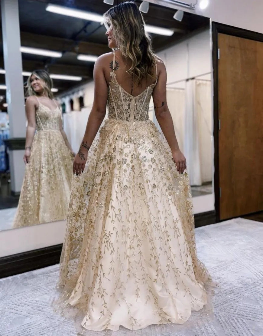 A-Line Spaghetti Straps Prom Dress With Appliques