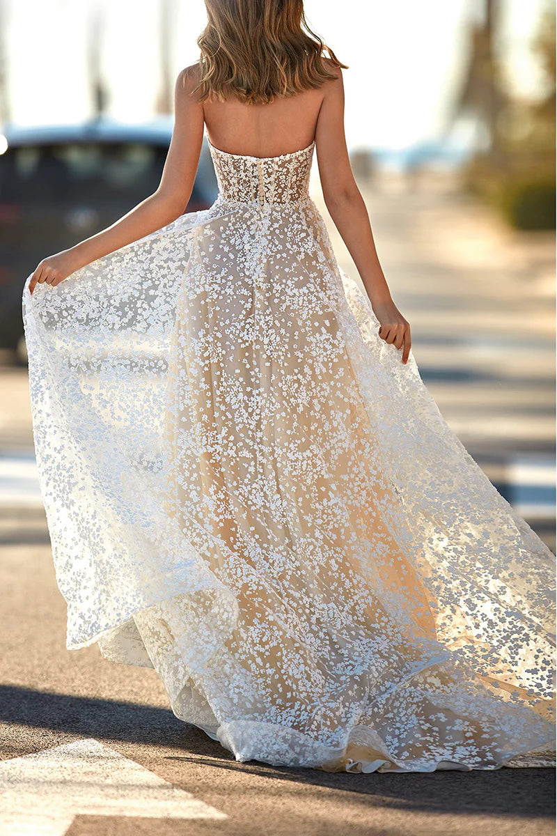 A Line Deep V Neck Romantic Lace Wedding Dress