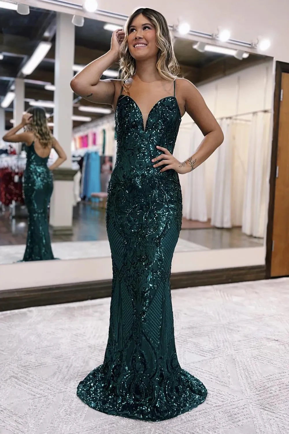 Mermaid Spaghetti Straps Long Glitter Prom Dress