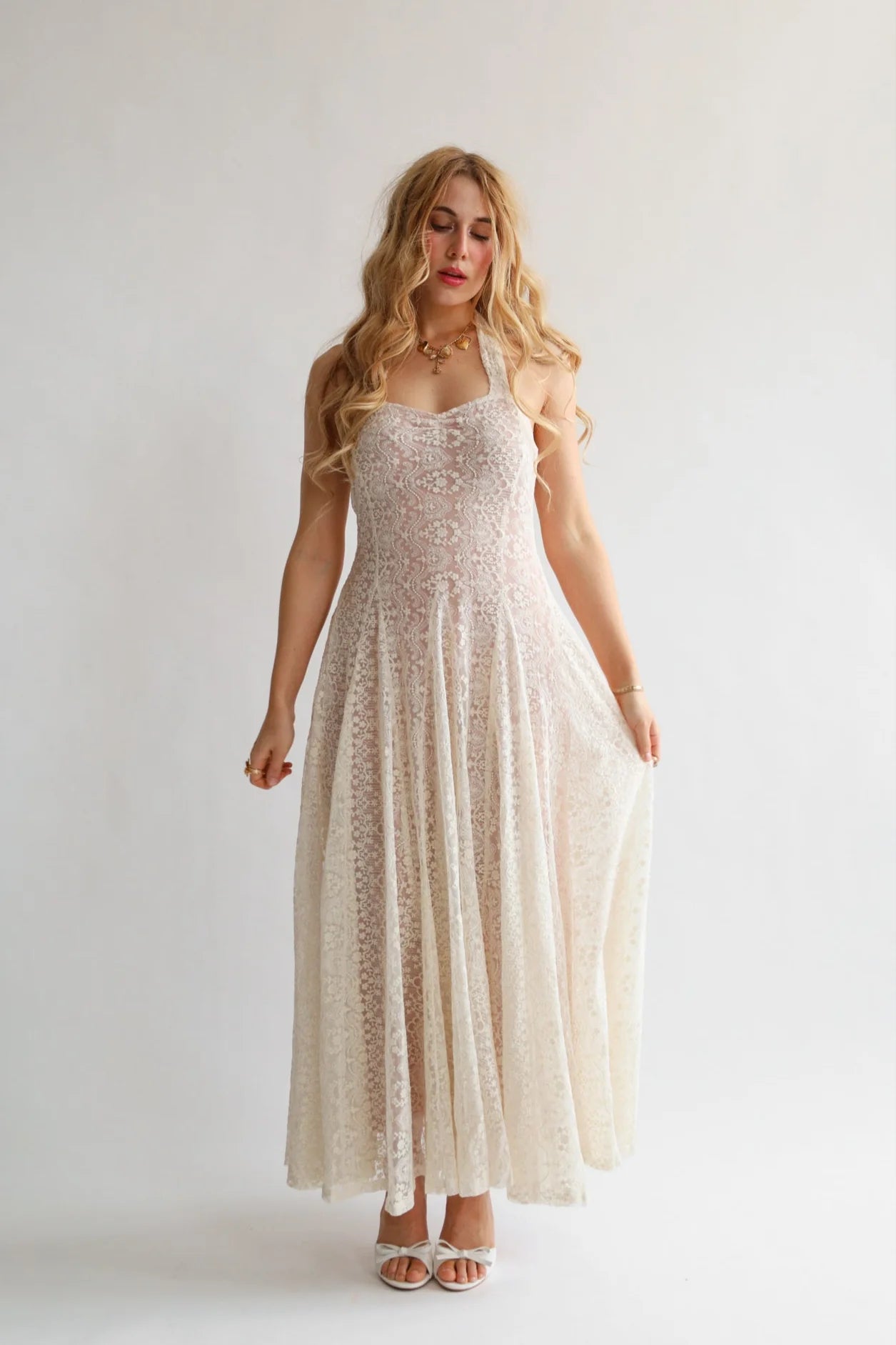 Ivory Floral Lace Halter Neck Open Back Maxi Evening Dress