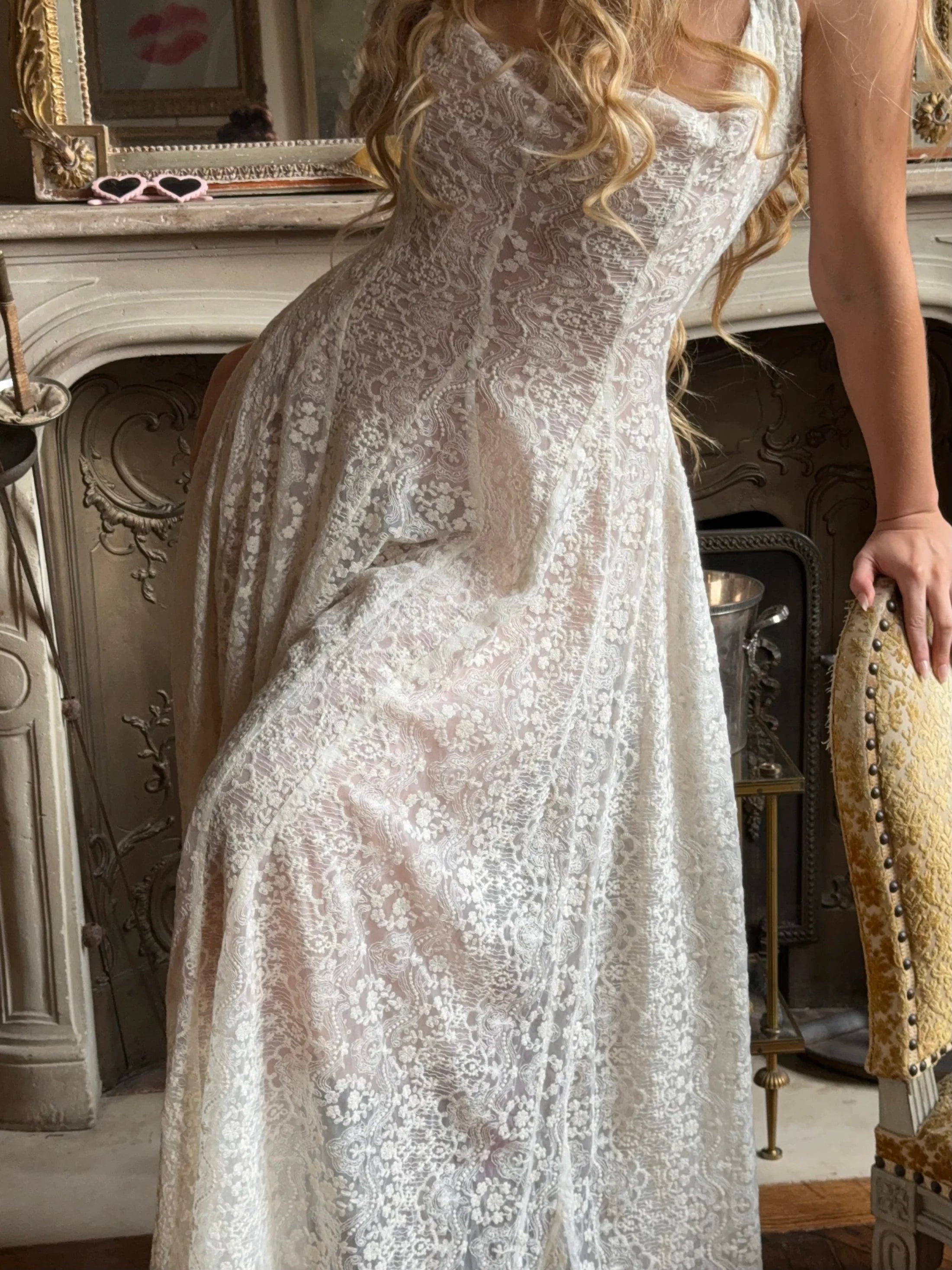 Ivory Floral Lace Halter Neck Open Back Maxi Evening Dress