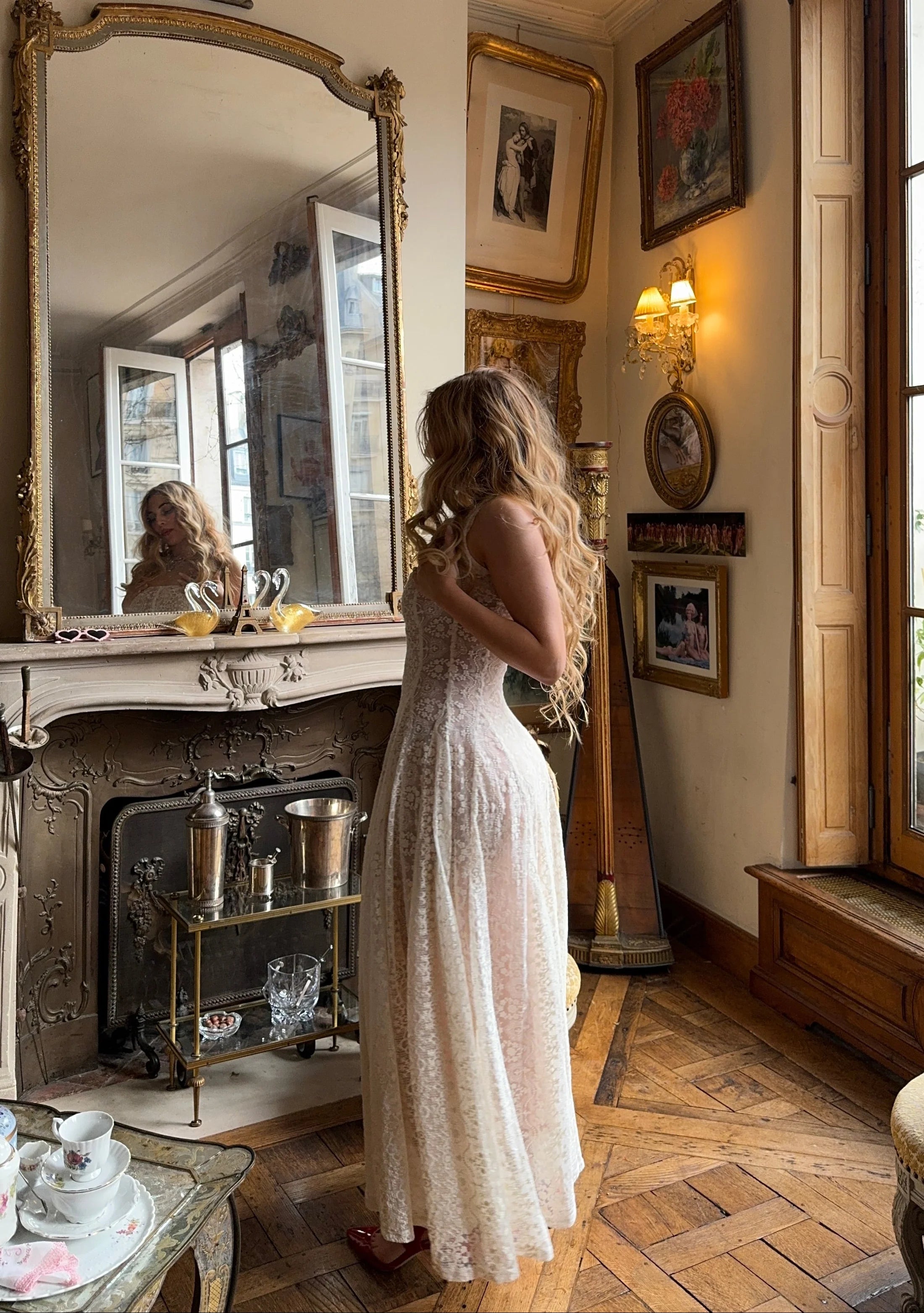 Ivory Floral Lace Halter Neck Open Back Maxi Evening Dress