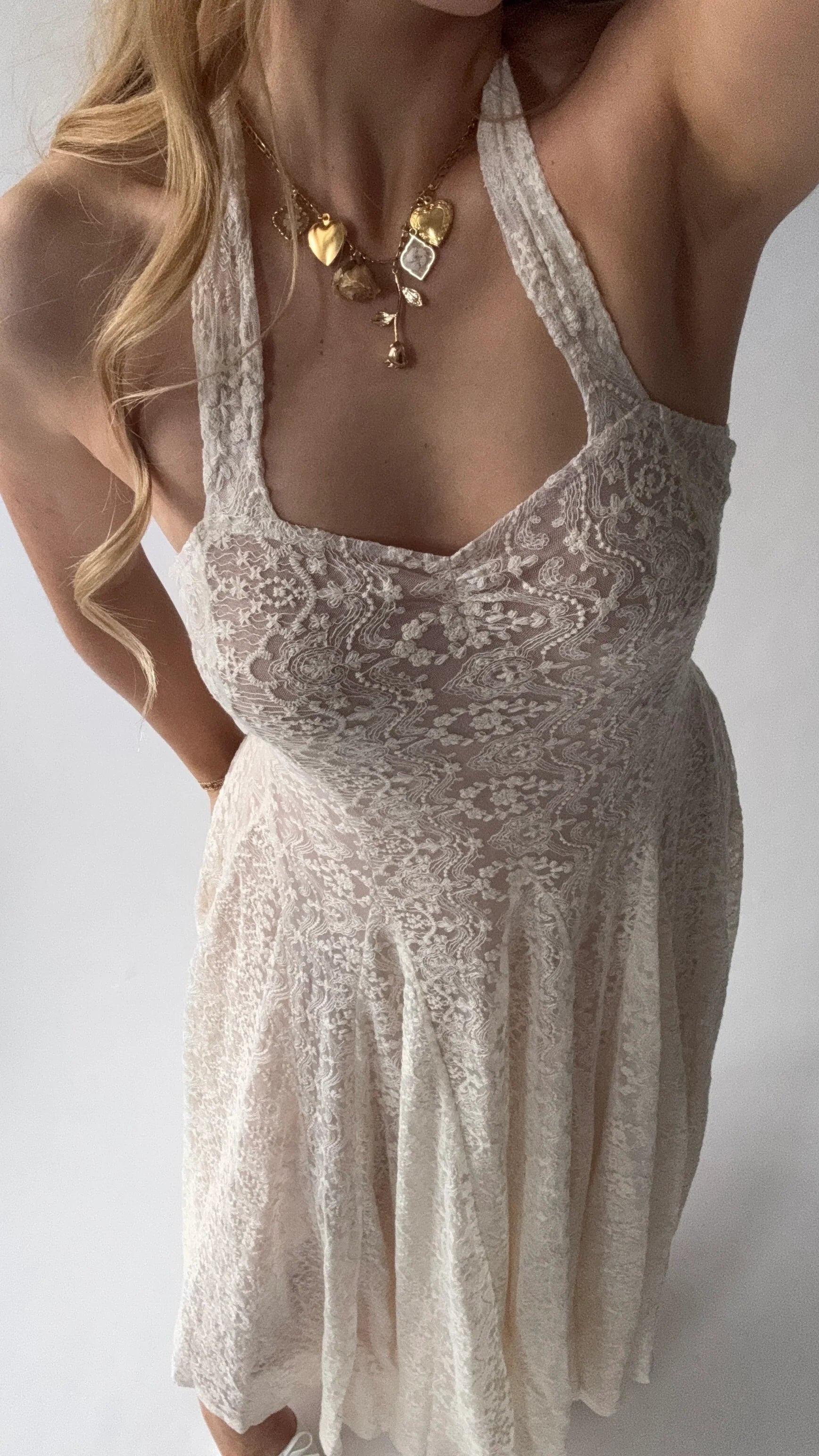 Ivory Floral Lace Halter Neck Open Back Maxi Evening Dress