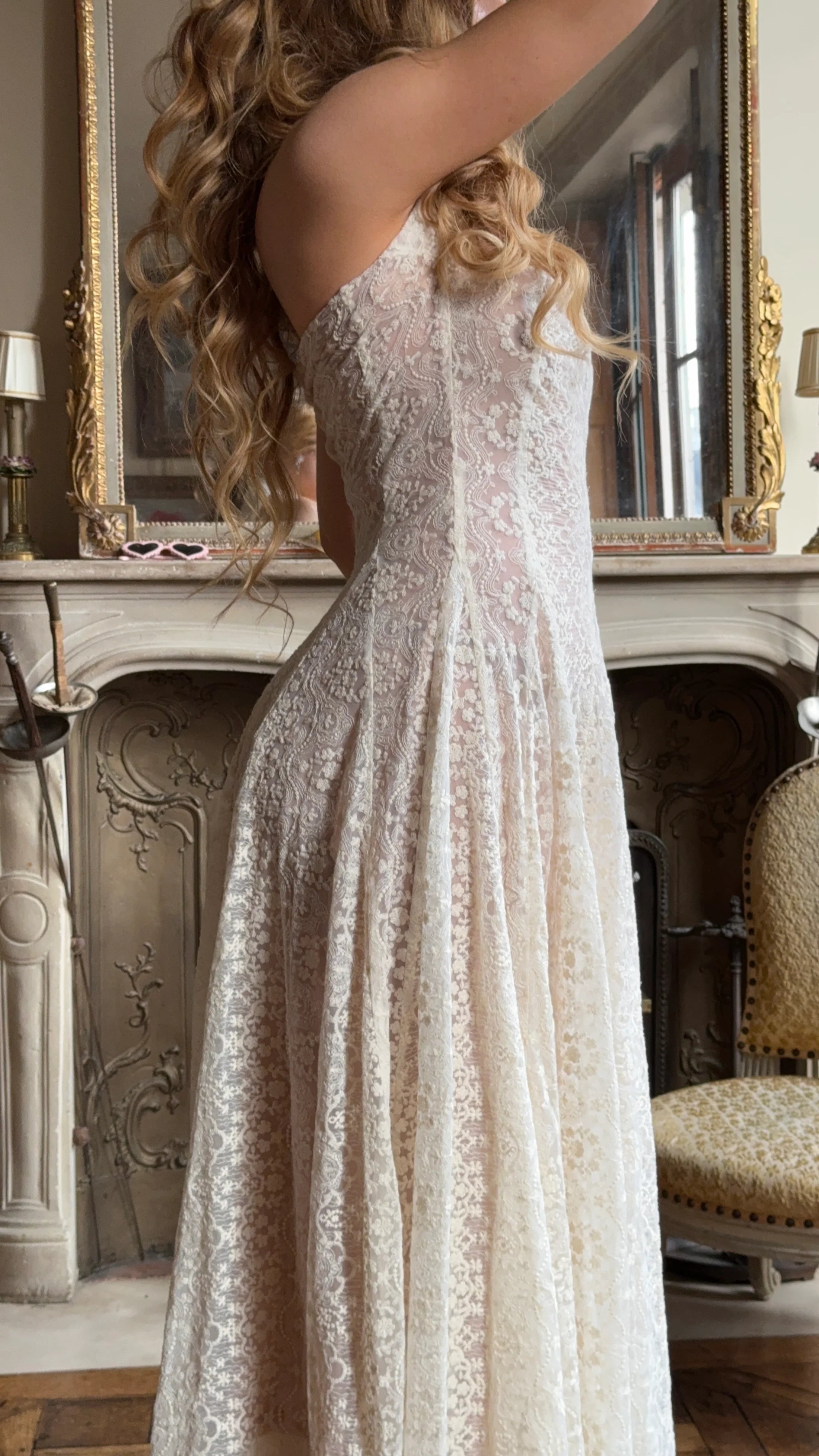 Ivory Floral Lace Halter Neck Open Back Maxi Evening Dress