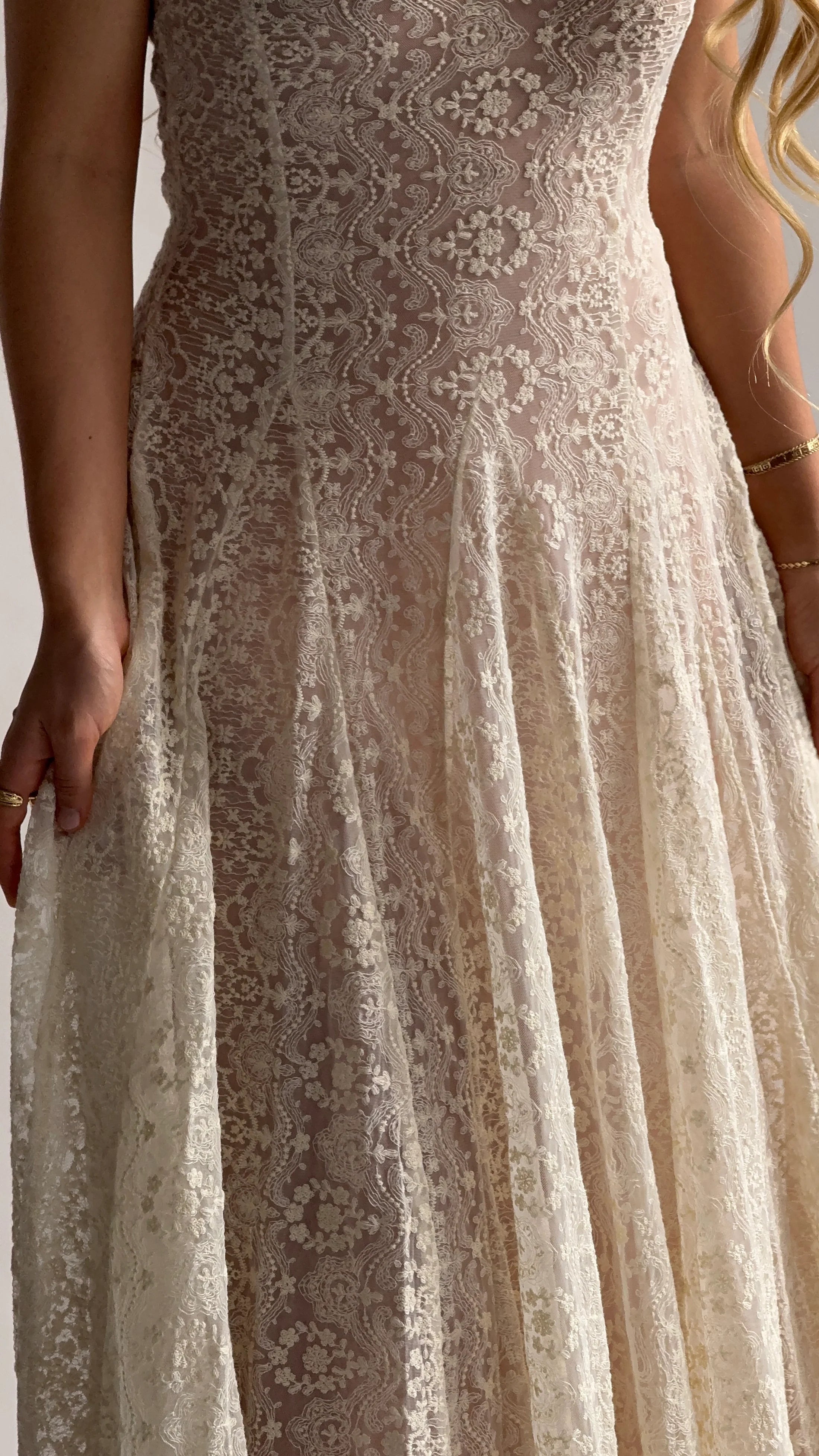 Ivory Floral Lace Halter Neck Open Back Maxi Evening Dress