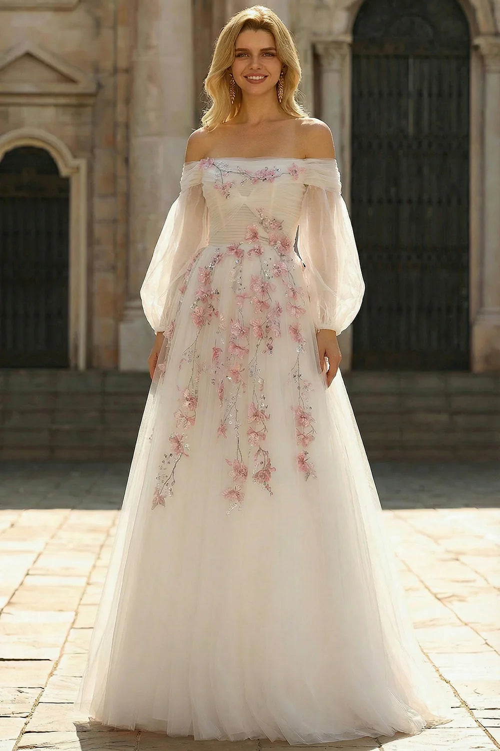 Ivory Off Shoulder Prom Dress With Puffy Long Sleeves And Pink Floral Embroidery A Line Formal Prom Dress
