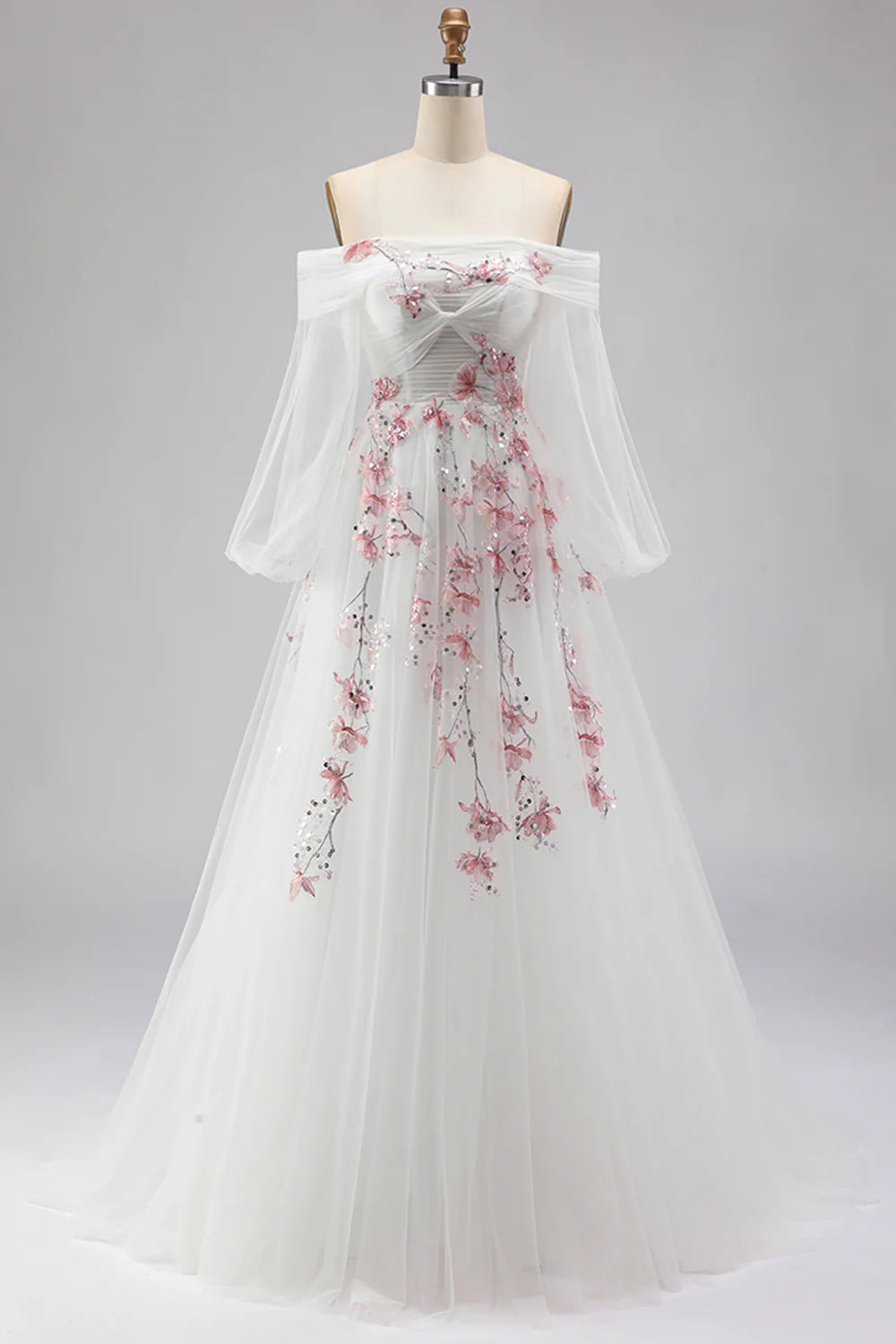 Ivory Off Shoulder Prom Dress With Puffy Long Sleeves And Pink Floral Embroidery A Line Formal Prom Dress