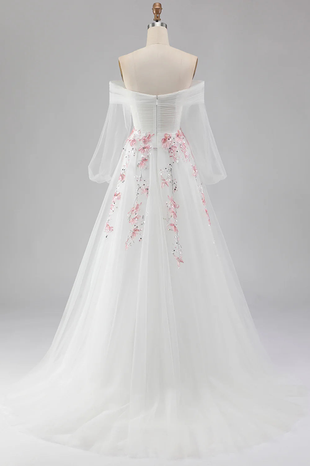 Ivory Off Shoulder Prom Dress With Puffy Long Sleeves And Pink Floral Embroidery A Line Formal Prom Dress